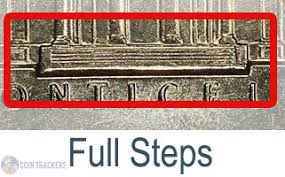 Close-up of 1982 Jefferson nickel reverse showing sharp Full Steps designation at Monticello base