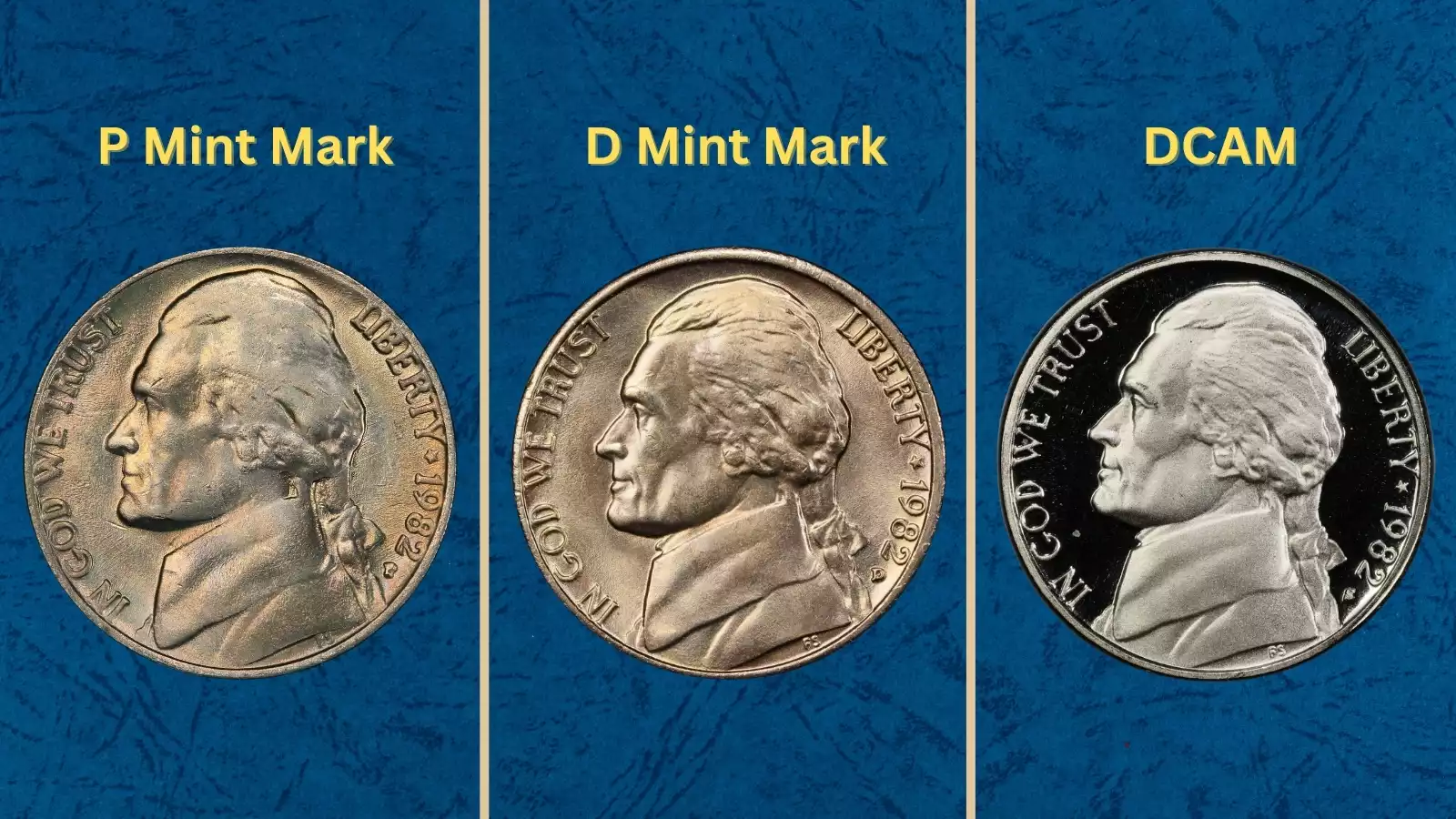 Group of 1982 Jefferson nickels in various grades from worn to gem uncirculated alongside mint facility imagery