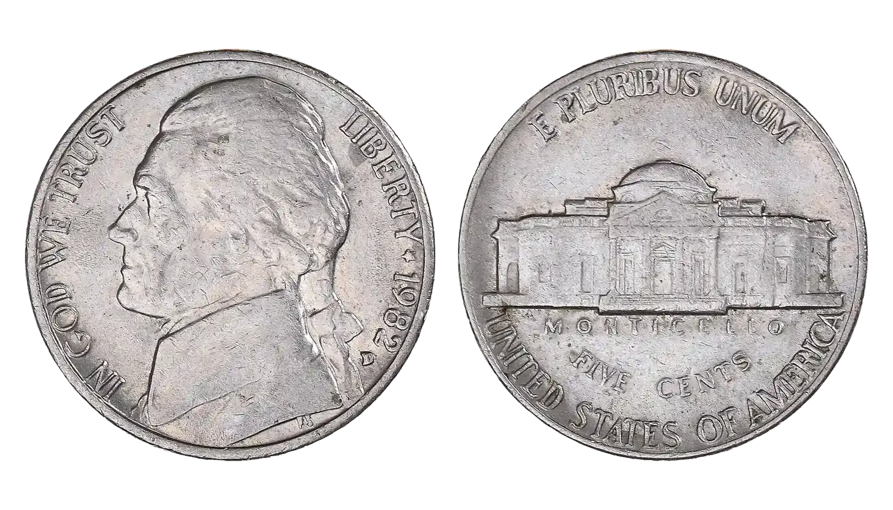 Grading strip of four 1982 Jefferson nickels showing conditions from worn/circulated through gem uncirculated in a single row